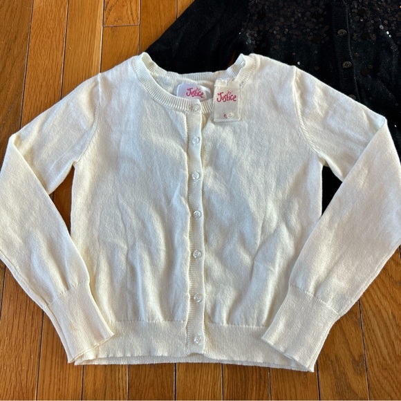 Justice Button Down Front Cardigan Sweaters Girls Size 8 Black Sequin & Ivory - Picture 2 of 8